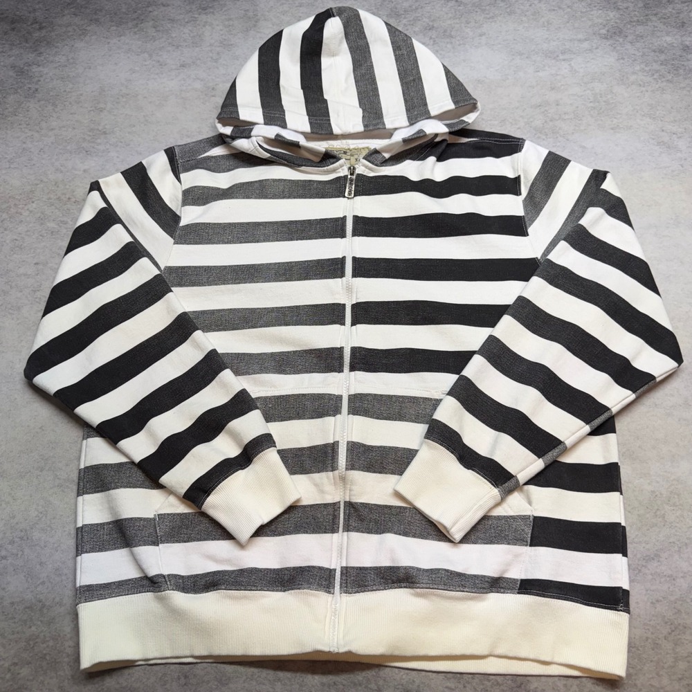 Machine Striped Zip Up Hoodie Mens XL White Black Grunge Skater Y2K Sweatshirt
